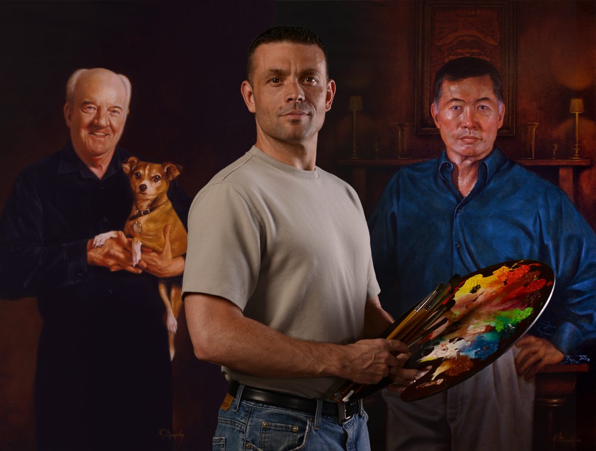 Painter and founder Kevin Murphy holding a paint palette and brushes. He is standing in front of two realistic portraits of his: the late actor Richard Herd holding his dog, and George Takei.